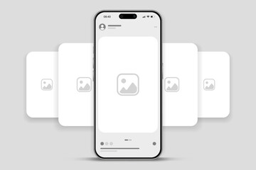 Social media carousel post template mockup. Mobile app interface with blank pictures, editable posts. Scroll frame pages, social media photography. © Carkhe