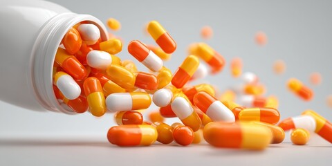 Stream of pills and capsules bursting from bottle, energetic concept for healthcare, antibiotics, pain relief and wellness campaigns