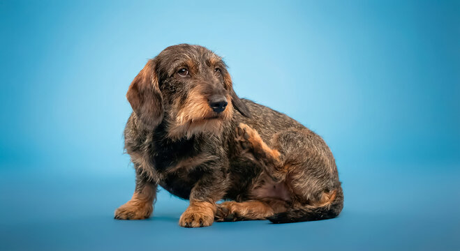 Wire-haired dachshund dog scratching ear due to itch on blue background