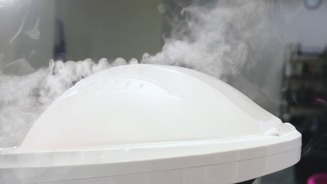 A woman sits in a salon chair while getting a hair treatment with vaporiser