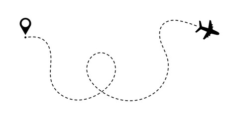 Line travel path with airplane dash plane and icon flight map. Trip air dot with fly track trace. Vector illustration isolated on transparent background © AnyaLi