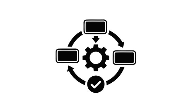 Vector illustration&nbsp;of business process workflow cycle with gear icon and checkmark, simple black and white icon on a transparent background