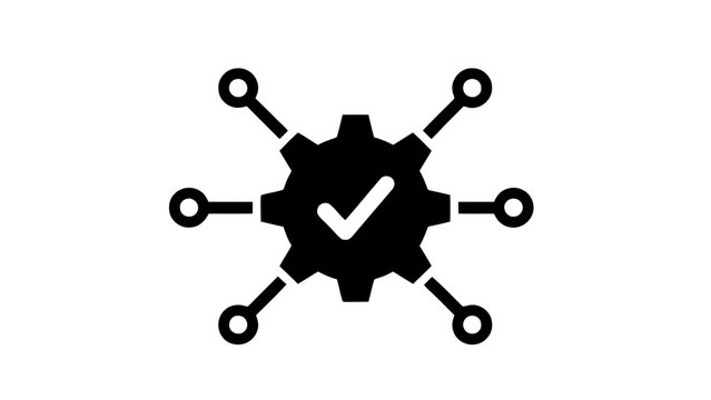Vector illustration&nbsp;of gear with checkmark symbol connected to nodes, representing successful process, configuration, or verified system integration icon on a transparent background