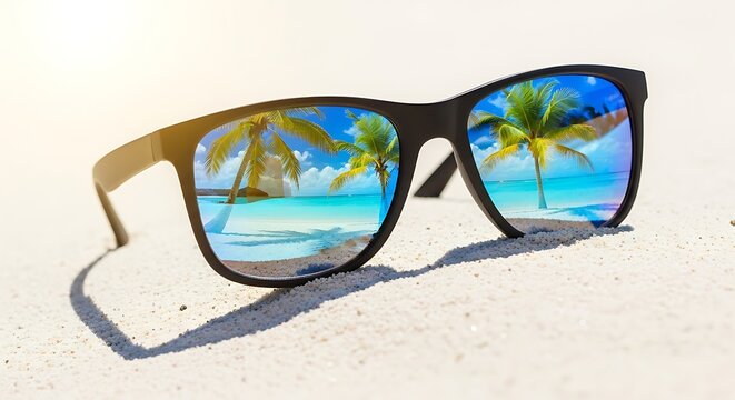 Reflection of a tropical paradise with palm trees and turquoise water in sunglasses on a sandy beach, evoking summer vacation vibes and relaxation