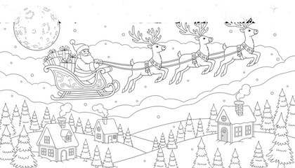 Fototapeta premium Santa Claus and Reindeer Flying Over Snowy Christmas Village. Festive Winter Holiday Scene for Kids Coloring Page and Promotions.