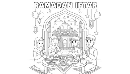 Obraz premium Ramadan Iftar Family Meal Celebration Coloring Page for Islamic Holiday Marketing and Education