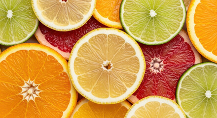 Fototapeta premium Citrus fruit slice background, orange, lemon, lime, grapefruit pattern, fresh colorful juicy texture for food design