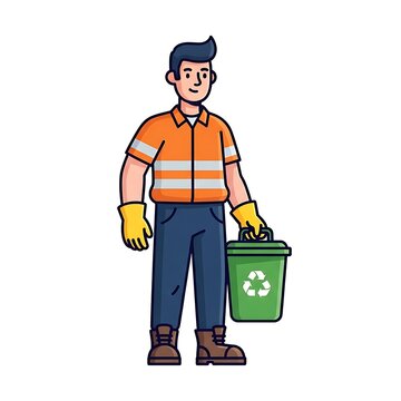 Cartoon man holding recycling bin outdoors.