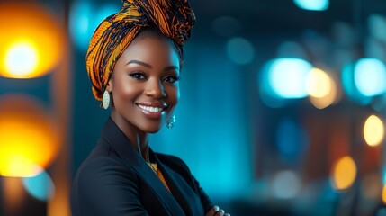 Diverse professional portrait of smiling businesswoman in patterned headwrap and blazer for corporate profile, linkedin, website and business card design