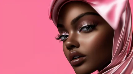 Beauty portrait of woman wearing silky pink scarf with glam makeup for editorial beauty campaign, cosmetics ad, banner and background design © LiliGraphie