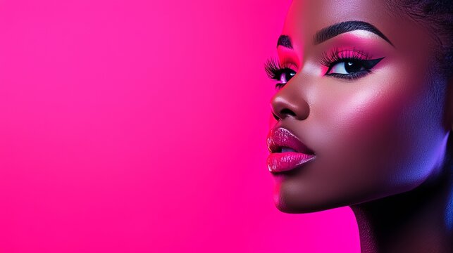 African-American woman with vibrant pink neon makeup and glossy lips for cosmetics ad, beauty editorial, makeup campaign, banner and poster design