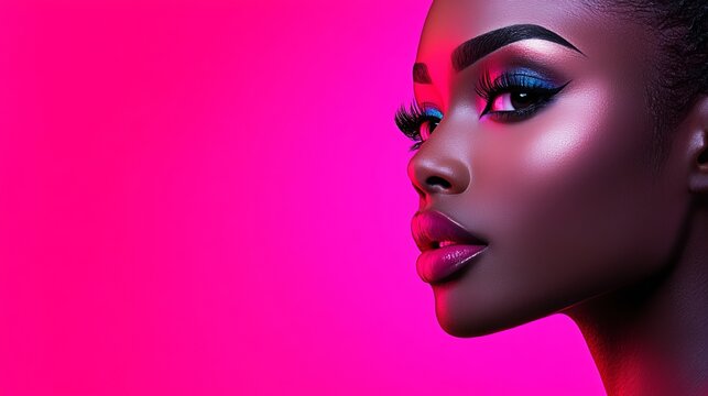 Beauty editorial portrait of model with bold colorful makeup against neon pink background for magazine, cosmetics and beauty branding
