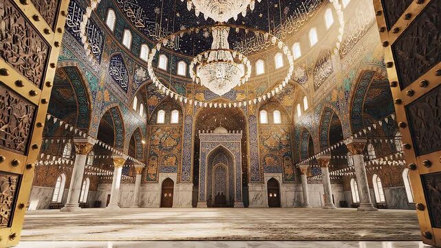 Opulent mosque interior with grand entrance doors
