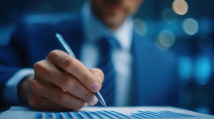 A man in a suit is writing with a pen on a piece of paper