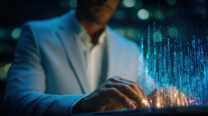 A man is typing on a keyboard in a suit