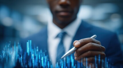 A man in a suit is holding a pen and pointing at a graph