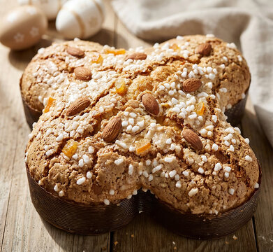 Close-up of traditional Italian Easter colomba cake on rustic wooden table with soft natural light and neutral decorated eggs, minimal seasonal food composition.
