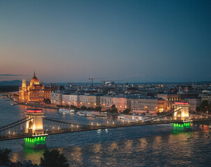 Budapest Parliament and Chain Bridge Illuminated at Night over the Danube
