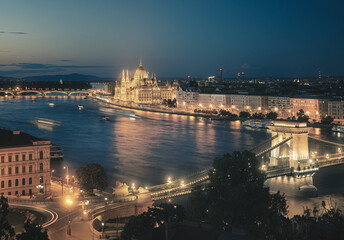 Budapest Parliament and Chain Bridge Illuminated at Night over the Danube