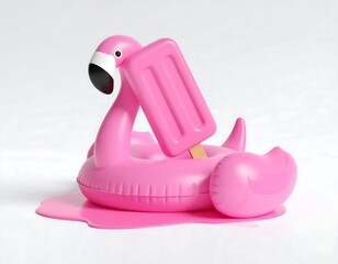 A vibrant pink inflatable flamingo floats on a white surface, with a matching popsicle balanced precariously on its side. Summer scene