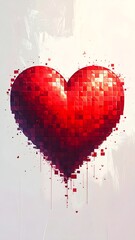 A vibrant, pixelated heart floats against a soft, textured background. The red heart bursts with detail and shadow