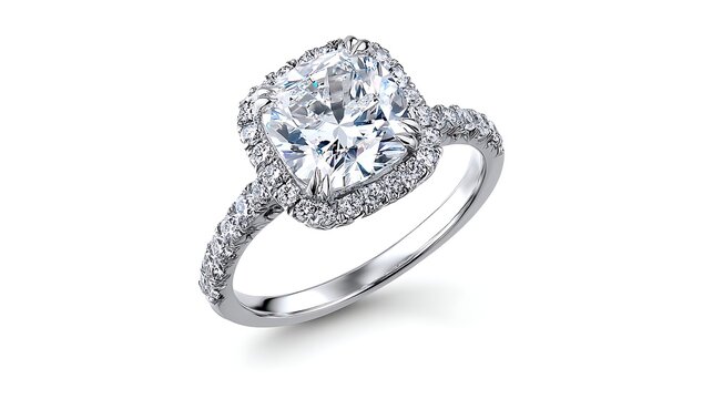 Elegant poto of Cushion cut diamond engagement ring with halo and pave band, isolated on white background