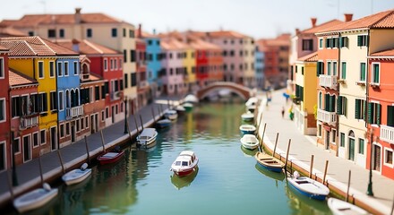 Obraz premium Vibrant Venetian canal scene with charming colorful architecture under a clear sky, capturing the essence of European charm and historic waterways in a picturesque miniature-like view
