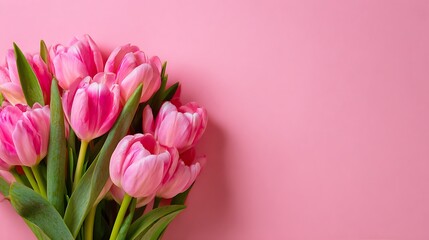 Fototapeta premium Elegant poto of A bouquet of pink tulips on a pink background