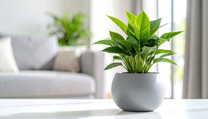 A vibrant potted houseplant, with bright green foliage, sits atop a crisp white table, near a blurred sofa and sunlit window