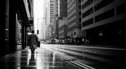 Lone figure walks down wet city street in monochrome.