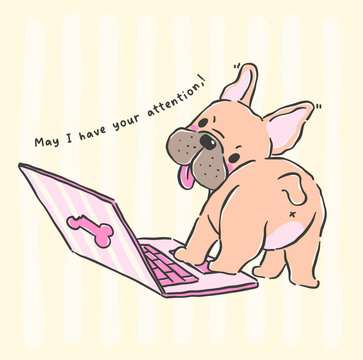 Cute french bulldog grumpy work on laptop cartoon hand drawn work from home derp funny relatable humor dog illustration