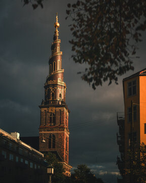 Church of Our Saviour Spiral Tower in Copenhagen at Dramatic Sunset