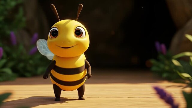 Animated bee character on wooden floor with flowers, against cave opening backdrop