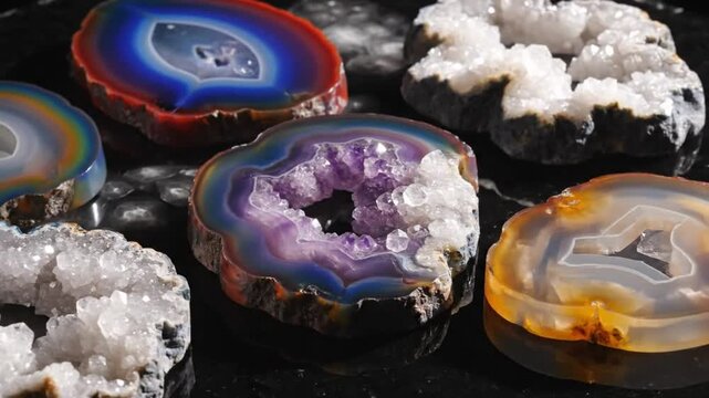 Close-up of vibrant agate slices and geode crystals, showcasing natural beauty and mineral formations