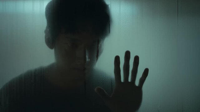 A young man with a pained expression presses his open hand against a wet, translucent glass surface, symbolizing feelings of isolation, despair, and being trapped.