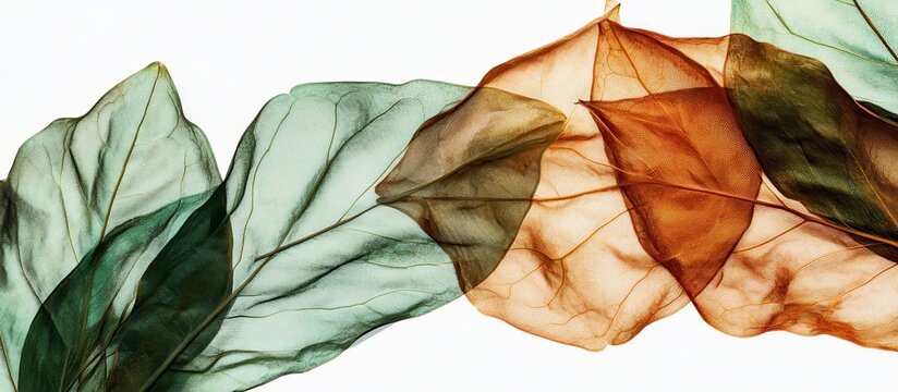 Delicate skeletonized leaves display vibrant translucent green and rich autumn brown colors beautifully