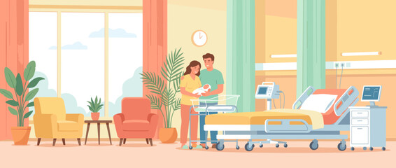 Naklejka premium Happy Young Parents Holding Newborn Baby in Modern Maternity Ward Hospital Room with Medical Equipment, Comfortable Furniture, and Large Window, Flat Vector Illustration of Family New Life Beginning