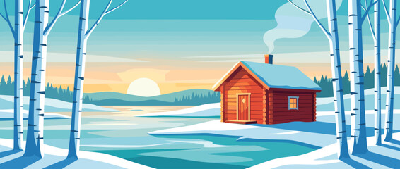 Serene flat vector illustration of a traditional Nordic log cabin sauna by a frozen lake with birch trees at sunset. Winter landscape with snow, smoke from chimney, and warm golden hour light.