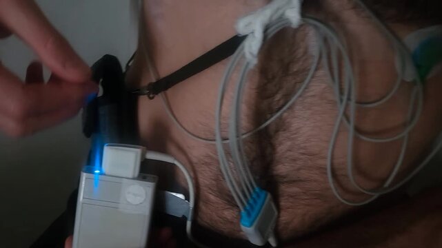 Adult man applying ECG patches to chest indoors for heart diagnostics, home medical device concept, cardiology checkup, health monitoring routine, wellness awareness.