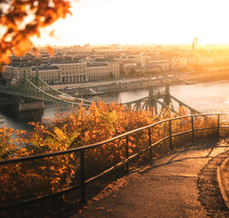 Liberty Bridge in Budapest at Golden Autumn Sunrise