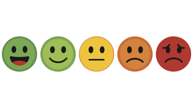 A horizontal row displays five circular emoticons ranging in color from green to red representing different emotional states high quality professional detailed modern elegant stylish clean