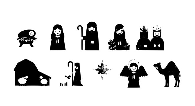 Minimal flat nativity scene icon set editable Christmas manger vector collection