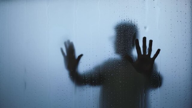 A shadowy silhouette of an adult presses both hands against a wet, translucent glass surface covered in water droplets, symbolizing isolation and despair.