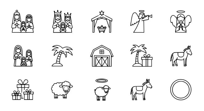 Editable outline nativity scene icons monoline Christmas holy family vector set