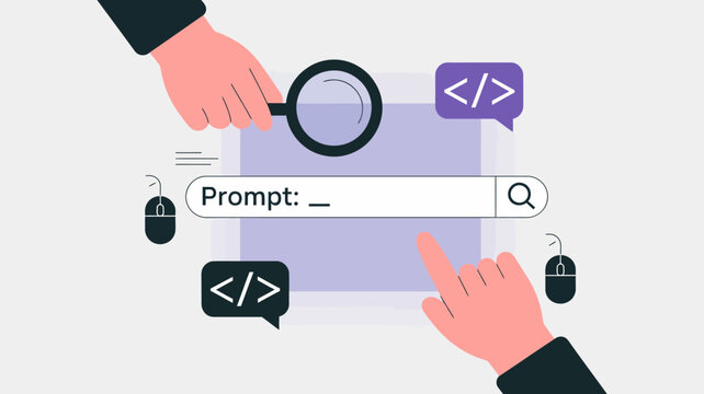 An illustration depicts hands interacting with a digital interface focusing on code and a search prompt symbolizing software development and debugging high quality professional detailed modern