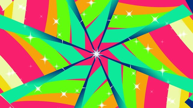 Vibrant radial motion graphics with neon colors and sparkling elements in a dynamic digital artwork viewed from a straight-on perspective.