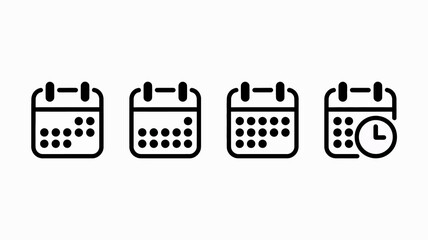 A series of four simple black line art calendar icons are displayed in a row with the last icon incorporating a clock symbol high quality professional