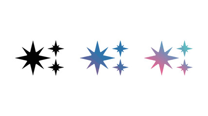 A series of three starbursts are displayed varying in color from black to blue to pink with scattered smaller stars high quality professional detailed modern elegant