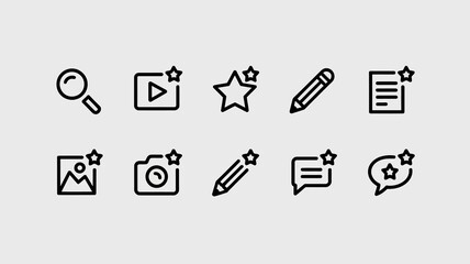 A collection of simplistic black line icons representing common digital actions and features including search video and editing high quality professional detailed modern elegant stylish clean