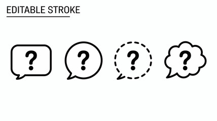 A series of four black outline speech bubbles each containing a question mark varying in style and detail high quality professional detailed modern elegant stylish clean